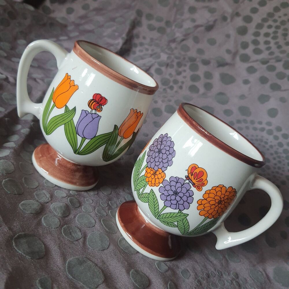 Vtg 1960s Japan Tea Cups Mod Floral Set Of 2 Bees Butterflies Flowers Coffee